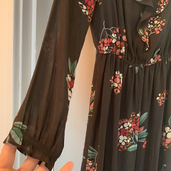 Loft charcoal grey floral chiffon maxi, lined, v neck, elastic waist,cuffs szXSP - Picture 7 of 12